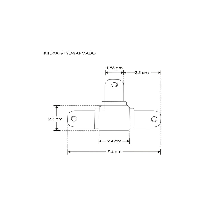 Kit de conector de metal, en T vista inferior para perfil DXA19 incluye conector de mica difusa, protector de cable negro y set de tornillos de iLumileds