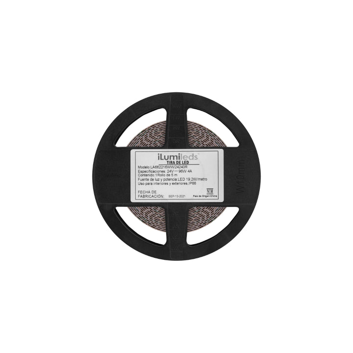 Tira LED IP66 24W/m 24V CRI:90 con 300 chips/m rollo 5m opción de tonos de luz, con auto adhesivo de iLumileds