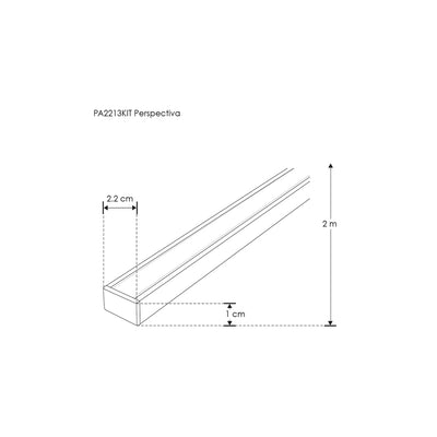 Kit perfil aluminio WallWasher PA2213KIT -L:2m A:2.2cm Al:1cm- para tira LED, incluye difusor, 2 tapas laterales y 2 grapas de sujeción de iLumileds
