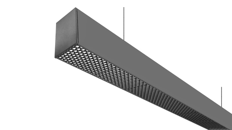 Luminario lineal 2m para suspender acabado negro con policarbonato y rejilla honeycomb 80w 127V de ilumines