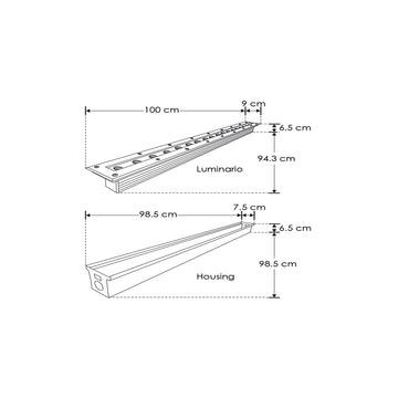 Luminario rectangular integrado 27W 15x45° 100cm fabricado en acero inoxidable para empotrar en piso incluye housing de iLumileds