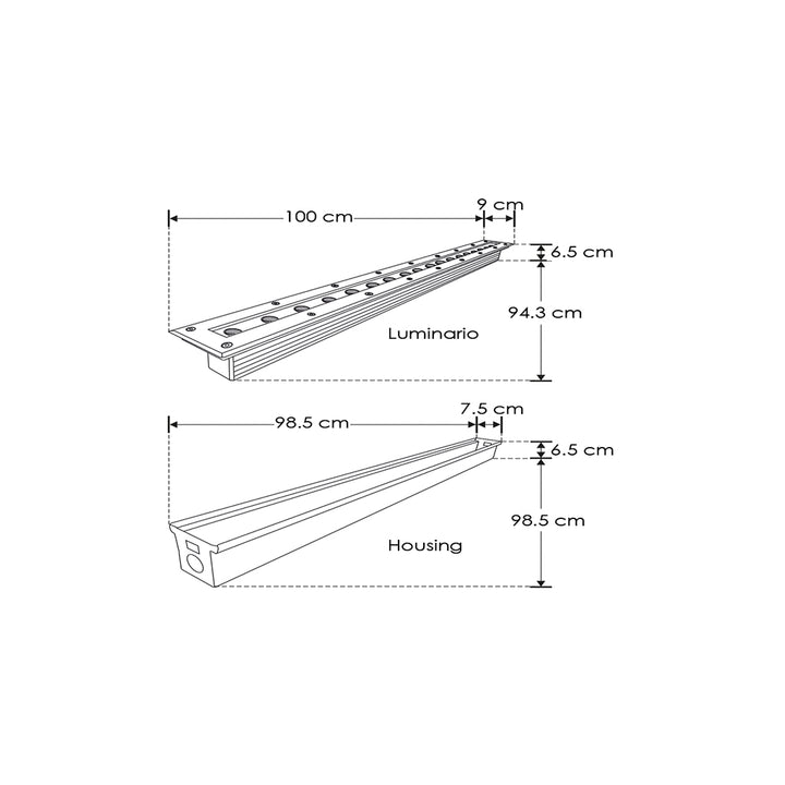 Luminario rectangular integrado 27W 15x45° 100cm fabricado en acero inoxidable para empotrar en piso incluye housing de iLumileds